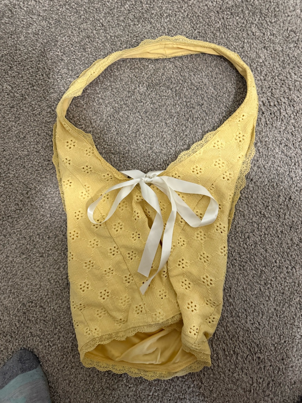 Kimchi Blue Yellow Eyelet Halter Tank with Ribbon Tie - Picture 1 of 3